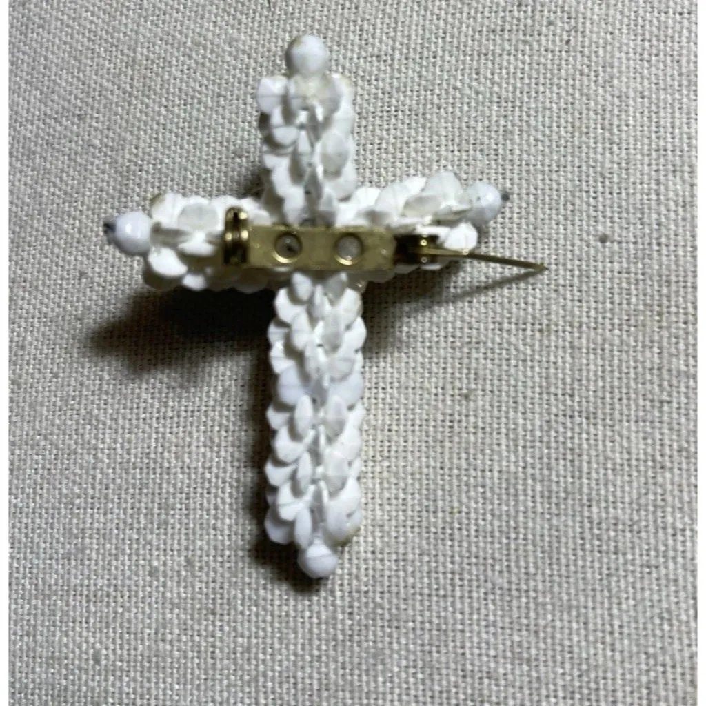 Vintage Religious Jesus Cross Christianity White Beaded Rose Brooch Sz 2” - Image 6