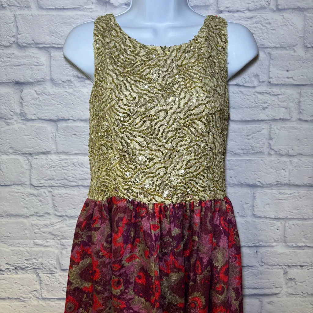 Anthropologie Wren Gold Sequin Floral Jacquard Cocktail Dress Size Medium Bling - Image 2
