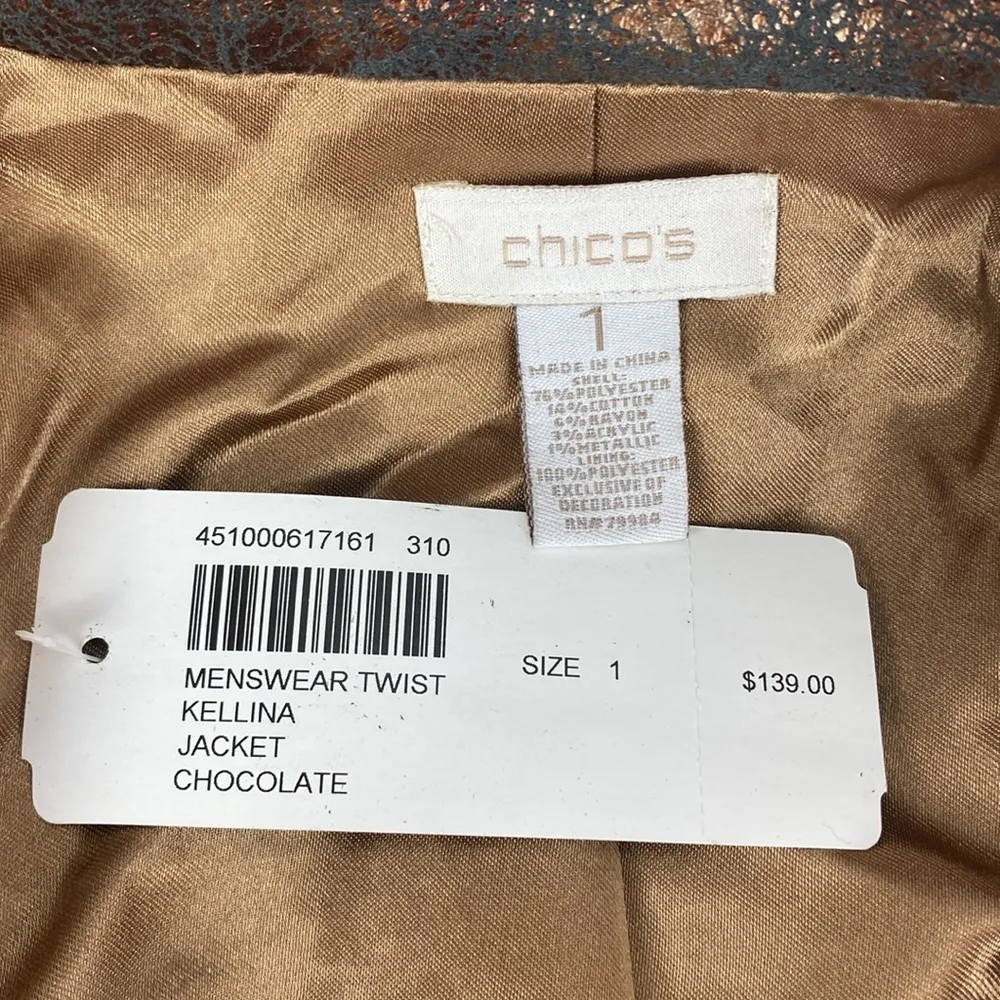 Chico’s Brown & Black Menswear Twist Kellina Long Sleeve Zip Up Jacket NEW 1 S - Image 4