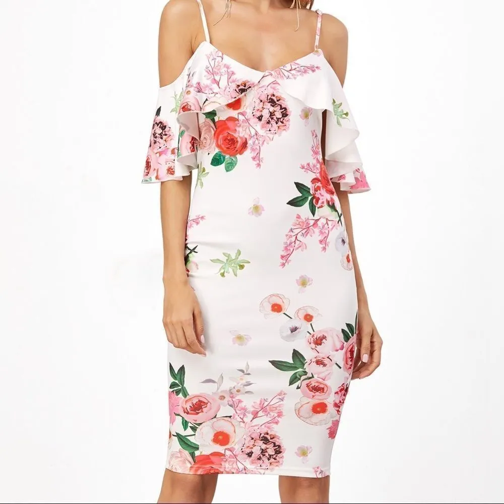 ✨2xHP✨Open Shoulder Rose Print Frill Dress✨ White Size M - Image 3