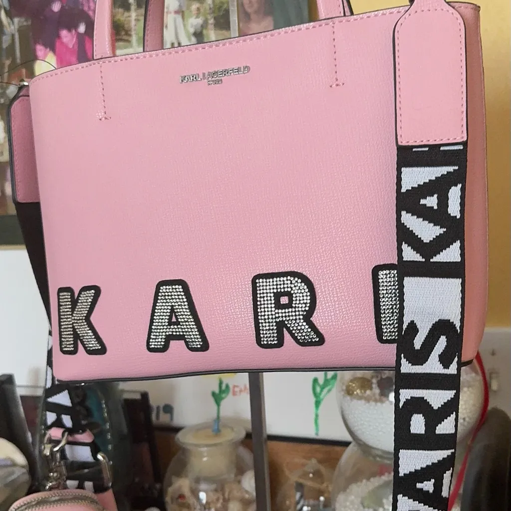 KARL LAGERFELD TOTE BAG KARL CRISTALES ROSA WITH LOGO STRAP NWT - Image 9