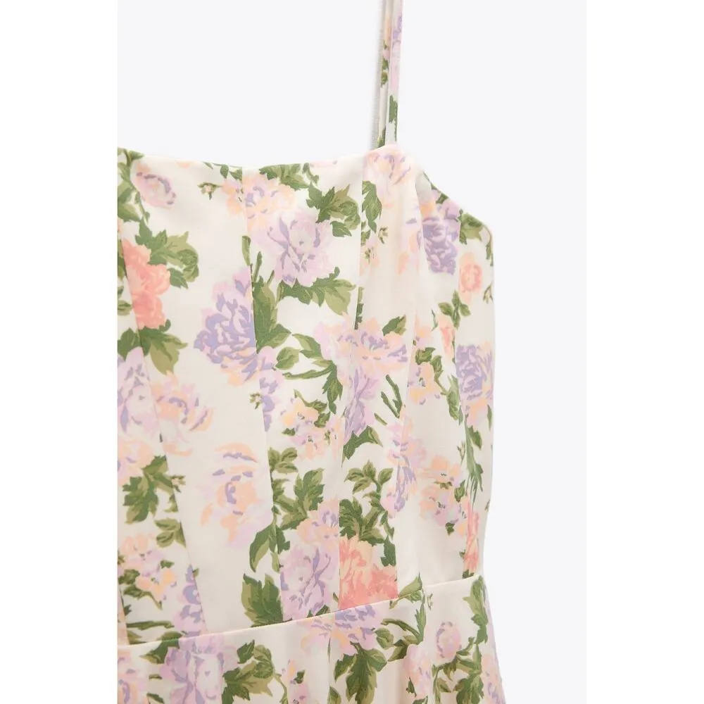 Zara Straight Neckline Spaghetti Strap Floral Mini Dress in Cream - Image 15