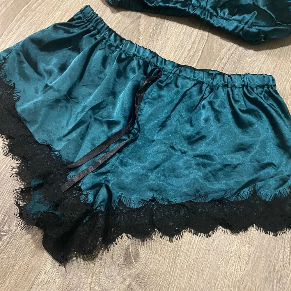 Super Cute Satiny Boy Short Pajama Lounge Set Green - Image 2