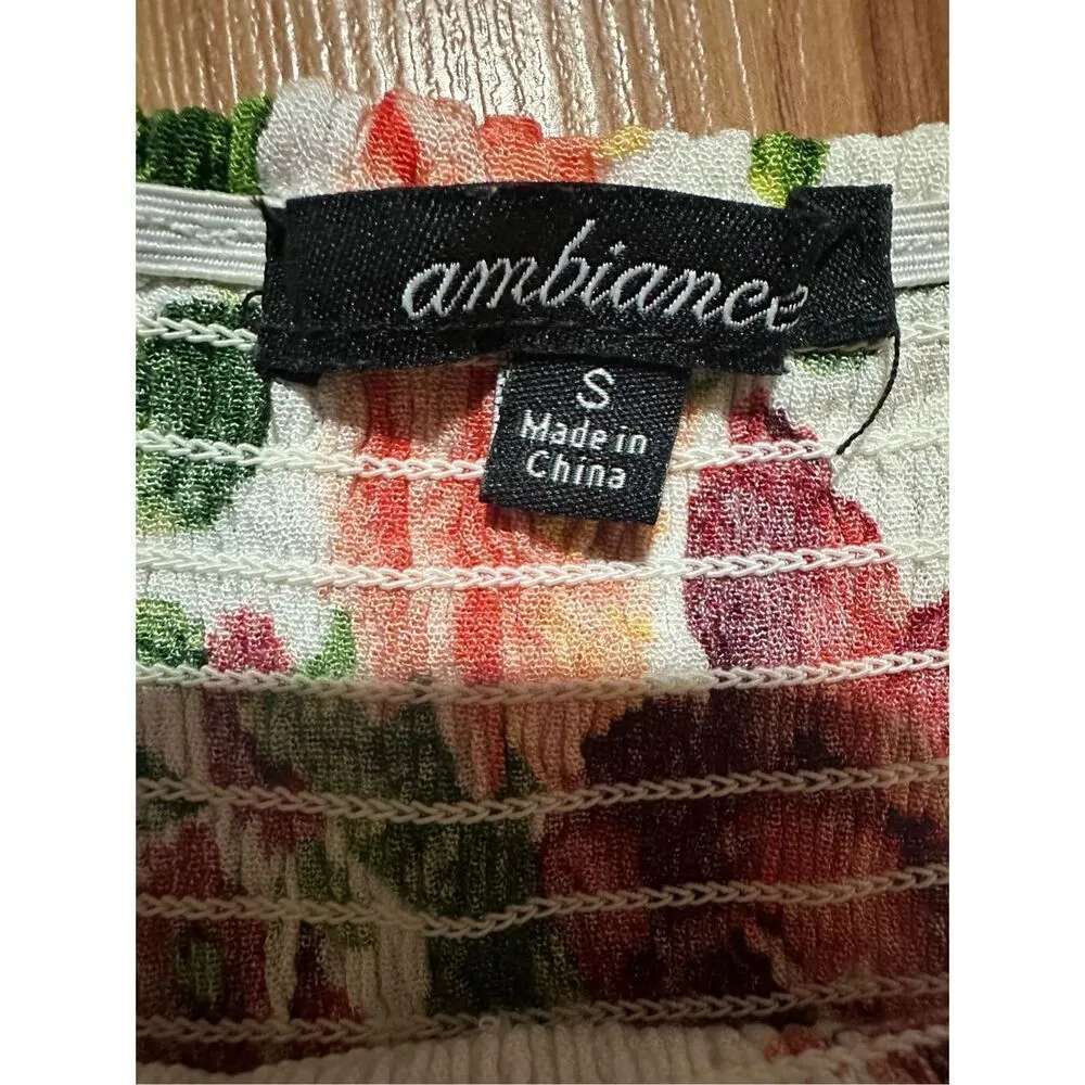 Ambiance Womens Tank Top Shirt Floral Cute Smock Ruffle Neck Small White - Image 3