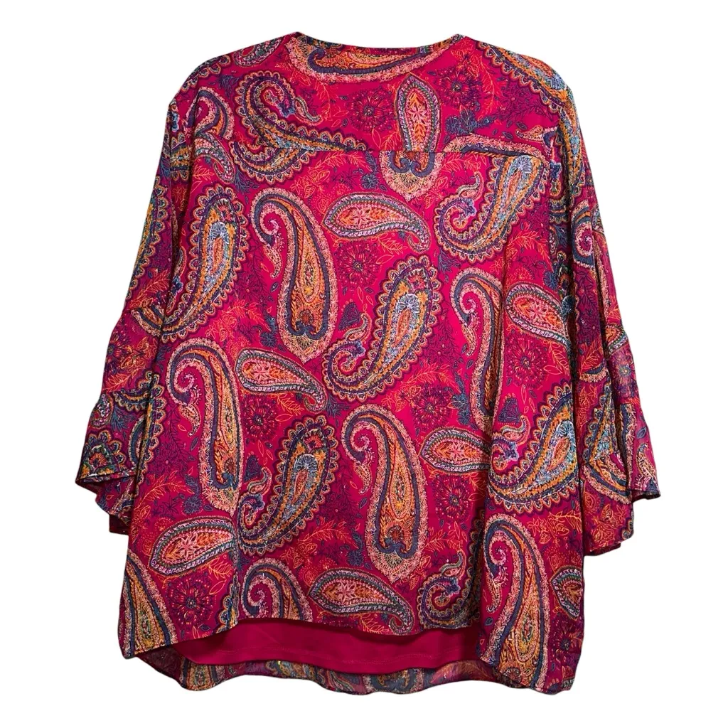 INVESTMENTS II Hot Pink Paisley Boho Blouse Bell Sleeves Metallic Threads - Image 2
