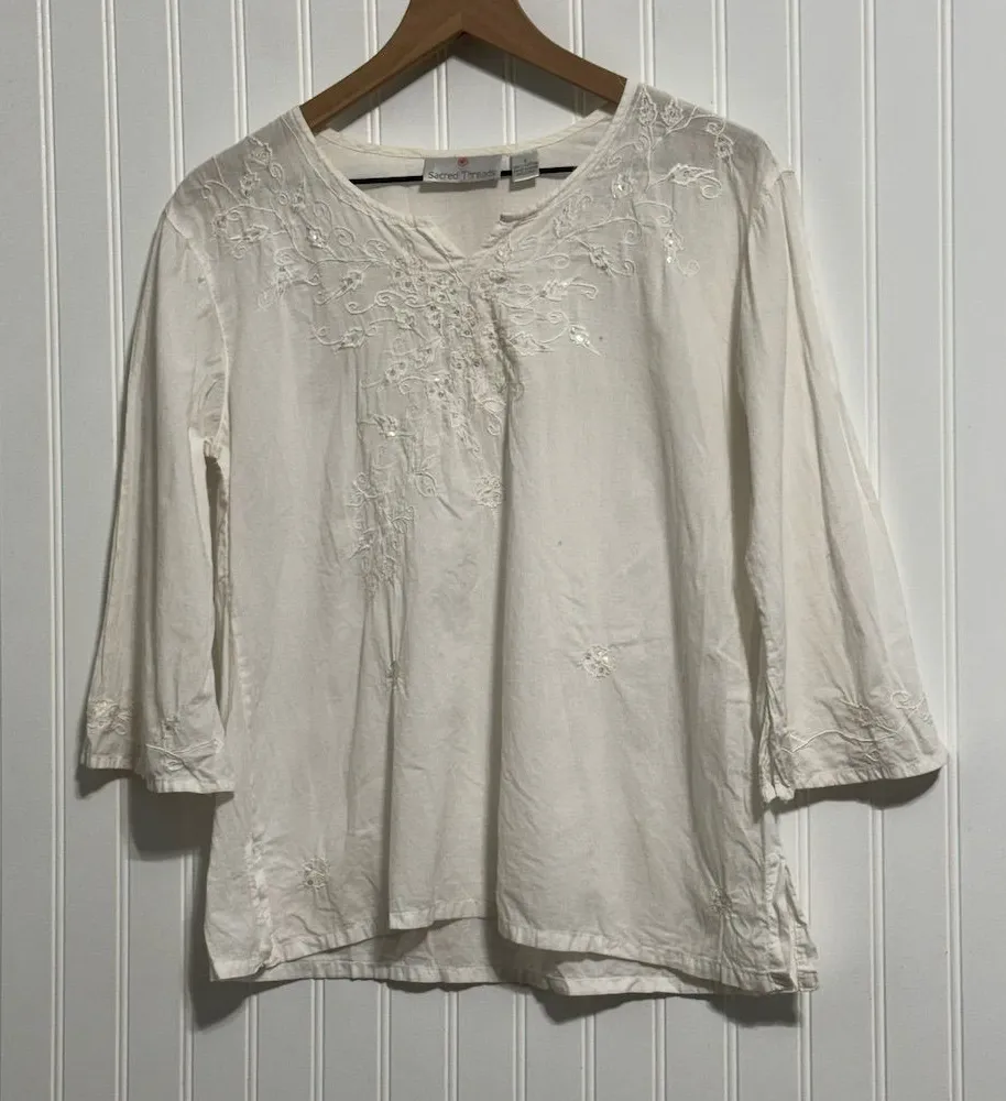 Sacred Threads Embroidered Peasant Blouse S White 100% Cotton Boho Hippie Tunic - Image 1