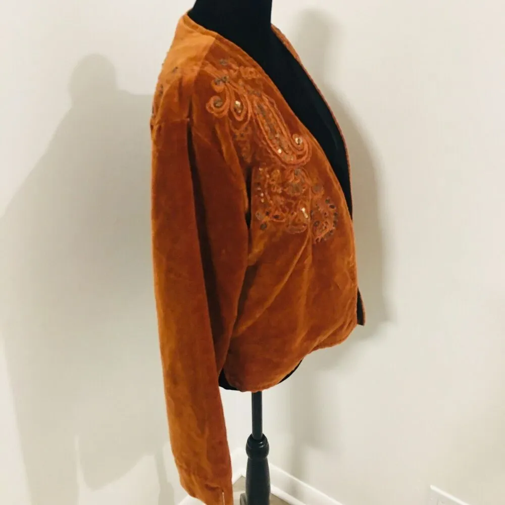 CHICO'S Boho Rust Velvet Cropped Beaded Embroidered Paisley Jacket 1 Small - Image 3