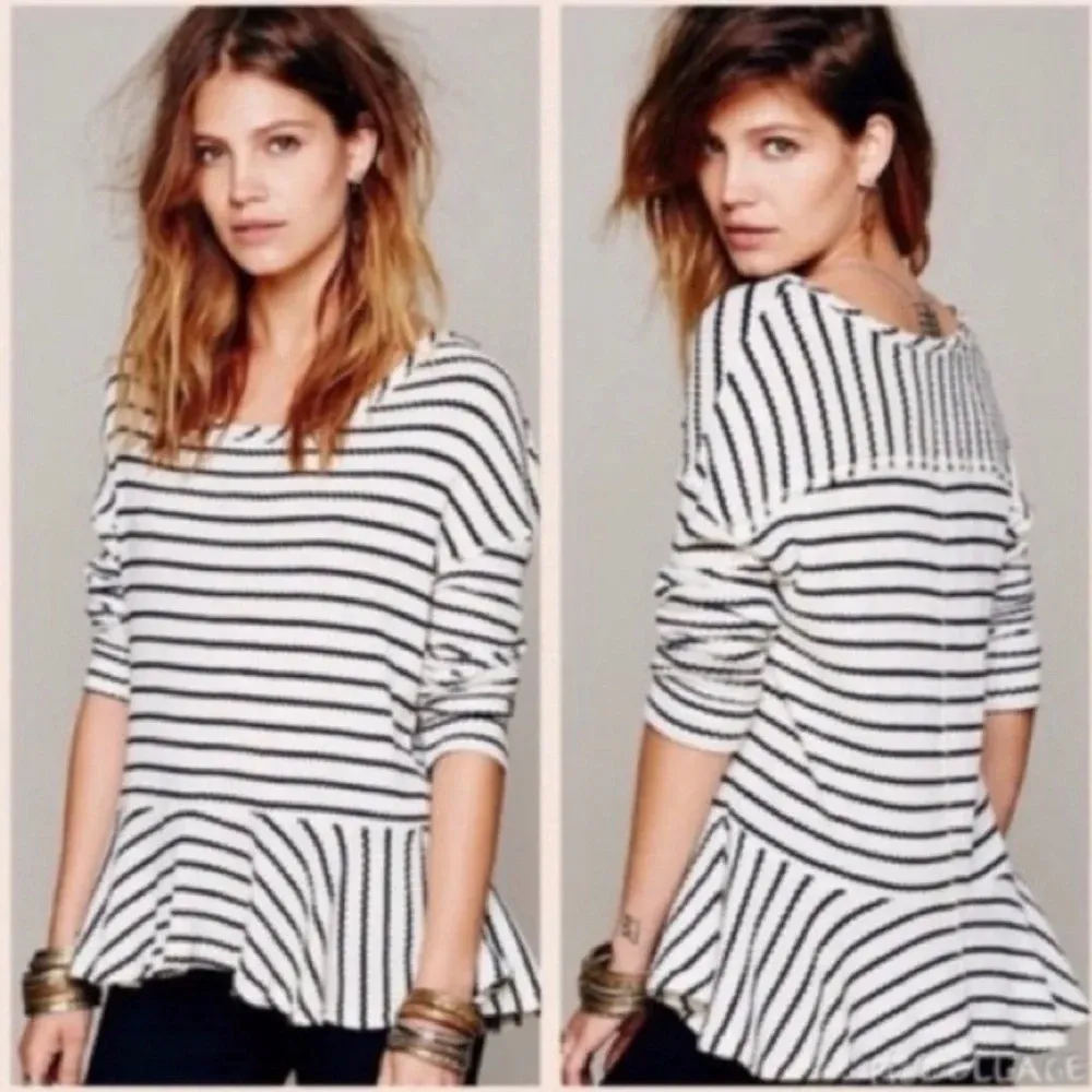 WE THE FREE/URBAN OUTFITTERS Waffle knit Black and White Peplum Top Size XS‎ - Image 2