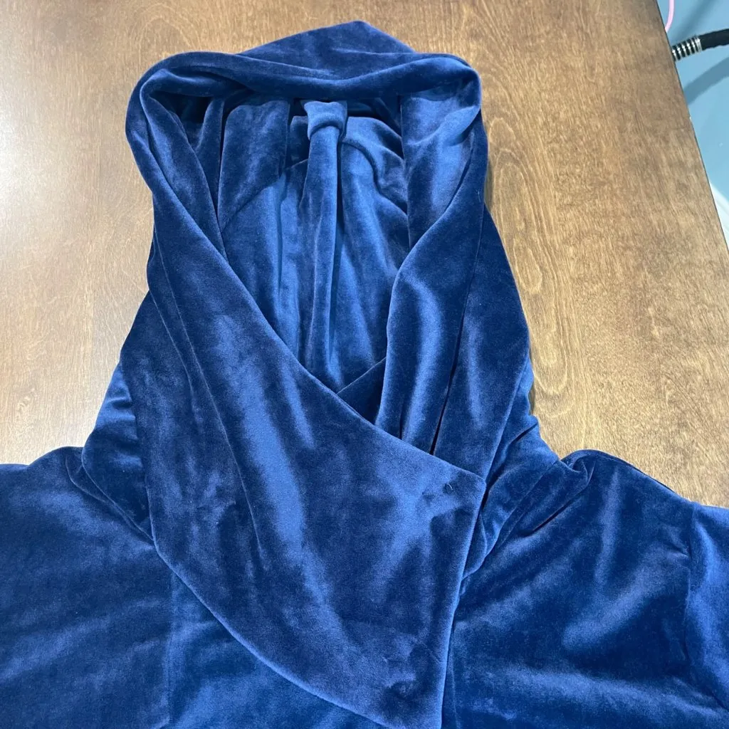 Cuddl Duds Hooded Wrap Women's Size XL Double Plush Velour Navy Thumbholes Snap - Image 5