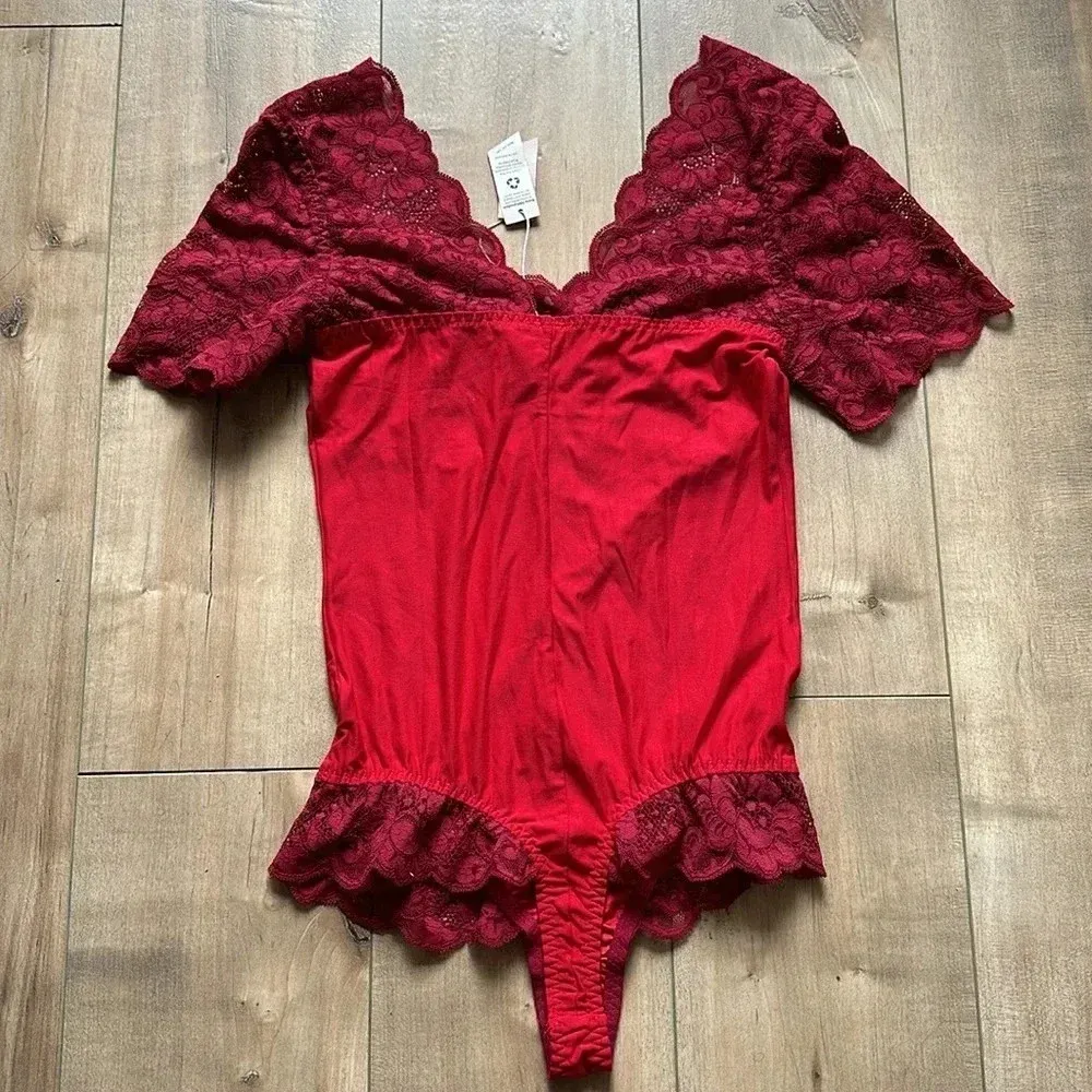 NWT Free People x We are HAH Top Heavy Bodysuit Rouge Red Lace Trim Sz S - Image 8