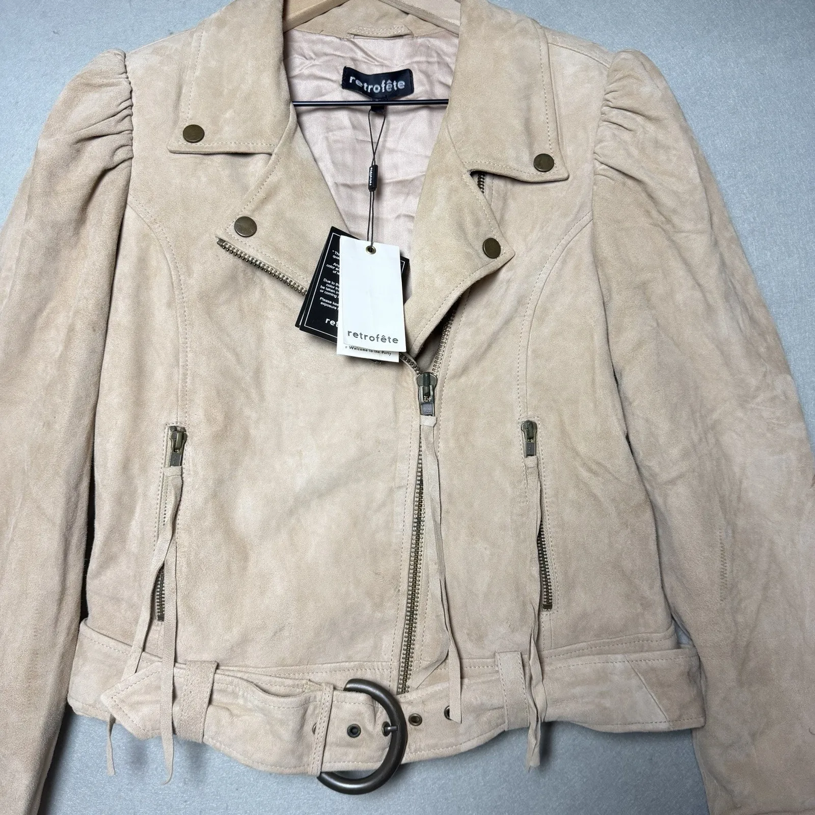 Retrofete Tai Suede Leather Jacket Puff Sleeve Belted Biker Edgy Chic Tan Size L Size L - Image 3