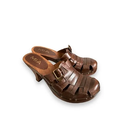 Vintage Y2K MIA Chunky Brown‎ Leather Studded Strappy Slip on Heel Mule Clogs sz Brown Size 8 - Image 2