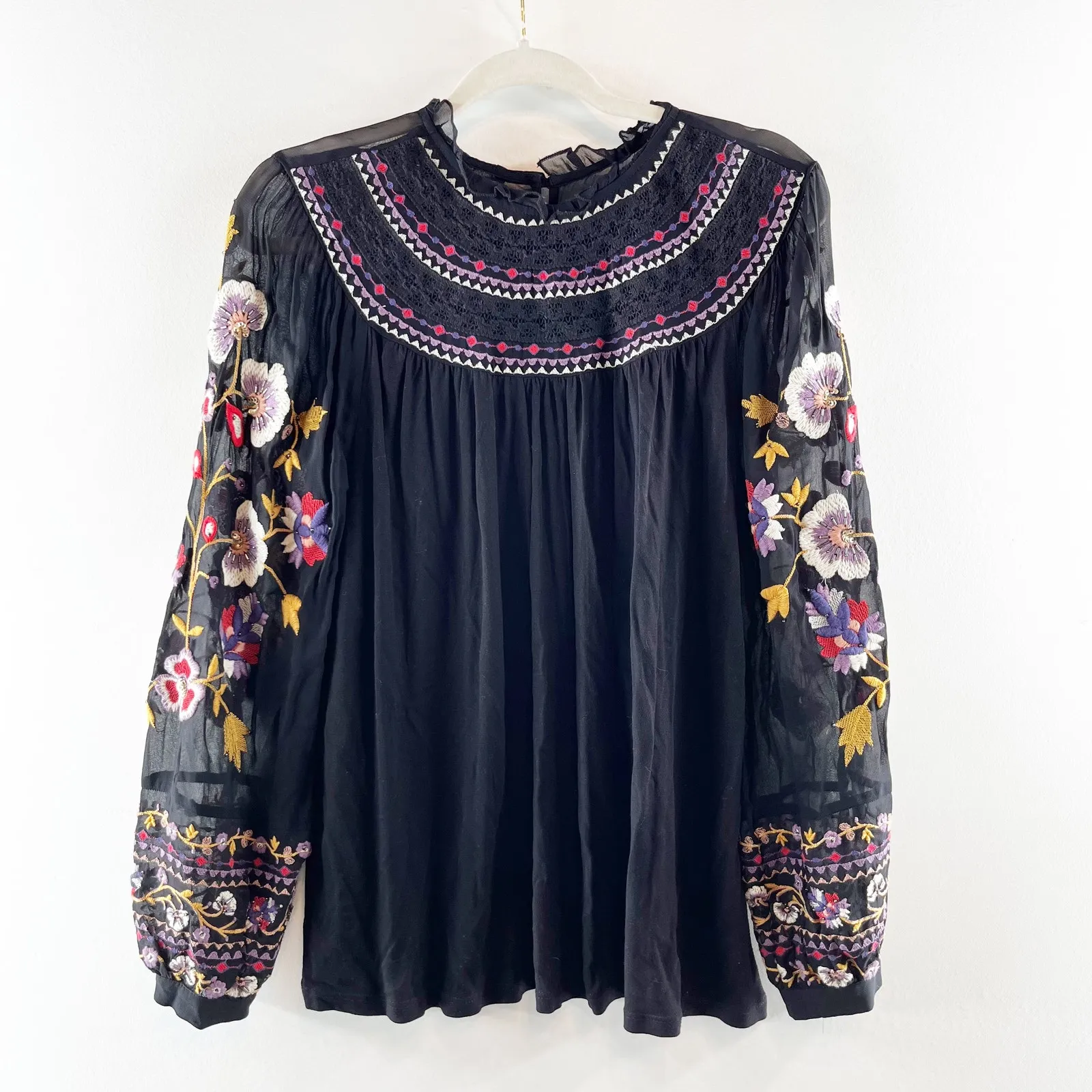 Akemi + Kin Anthropologie Louise Long Sleeve Embroidered Blouse Top Black XS - Image 2