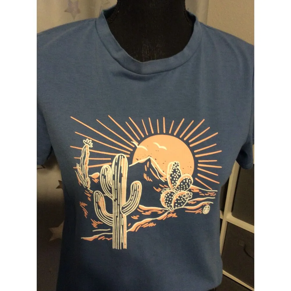 Western Tee Print Blue Short sleeve Small Romwe - Image 2