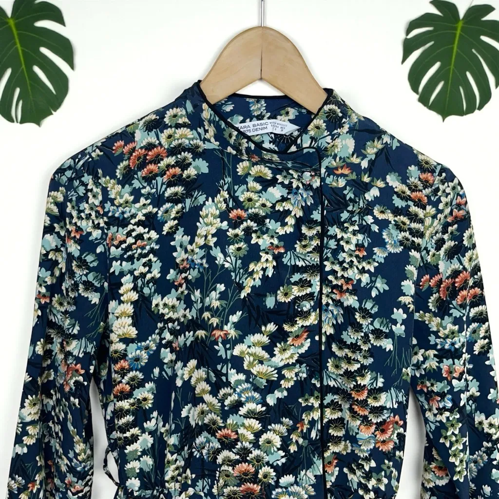 Zara Long Sleeve Piped Trim Stand Collar Mini Dress in Blue Floral Print - Image 8