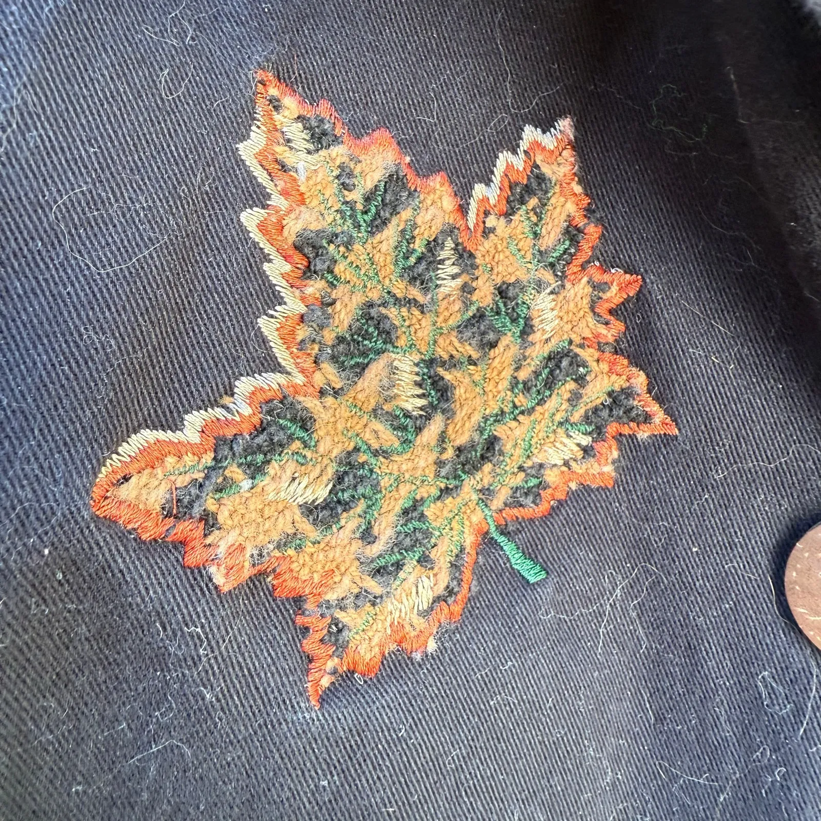 Sara Studio Fall Leaves Embroidered Button Front Black Canvas Jacket MEDIUM - Image 4