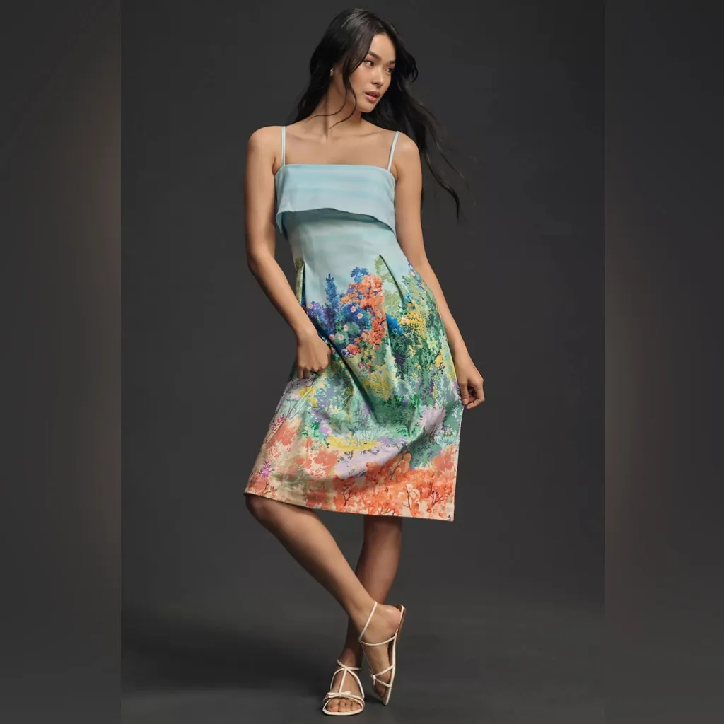 By Anthropologie Midi dress floral colorful Sleeveless Foldover pintuck pastel - Image 2