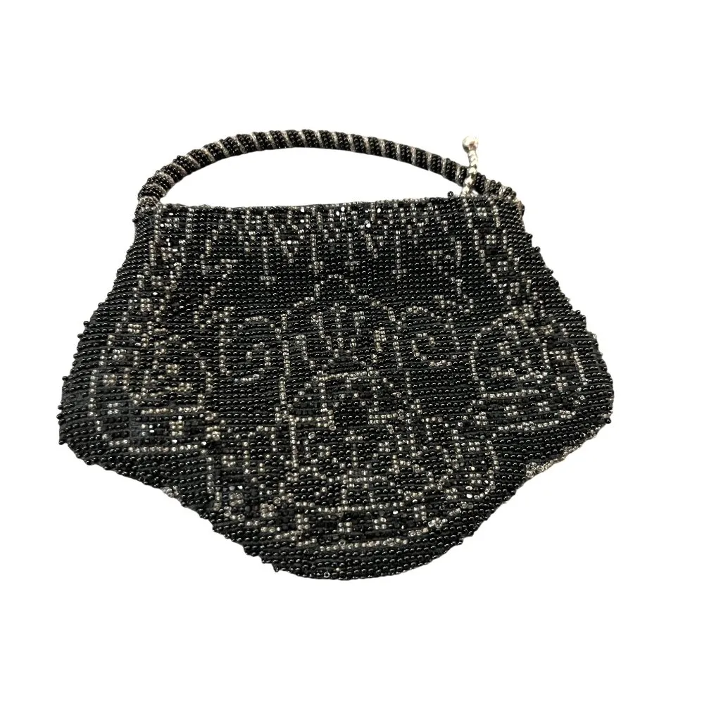 Vintage Black Beaded Evening Purse Tan/Silver Rhinestone Accents Tiny Used - Image 2