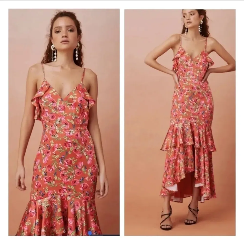 Keepsake the Label For Me Gown Tangerine Orange Floral Ruffle Trim Satin Dress - Image 2