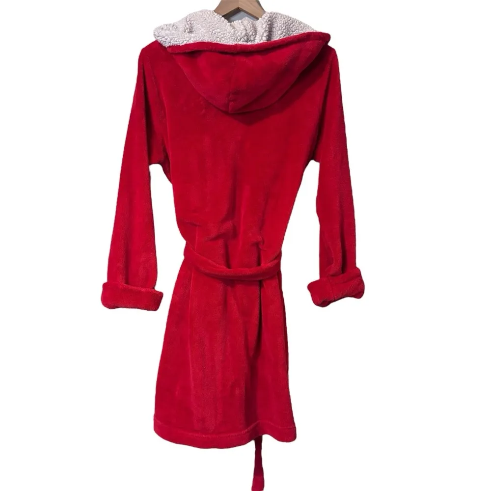 Women’s Victoria's Secret red white plush logo hooded robe size large - Image 6