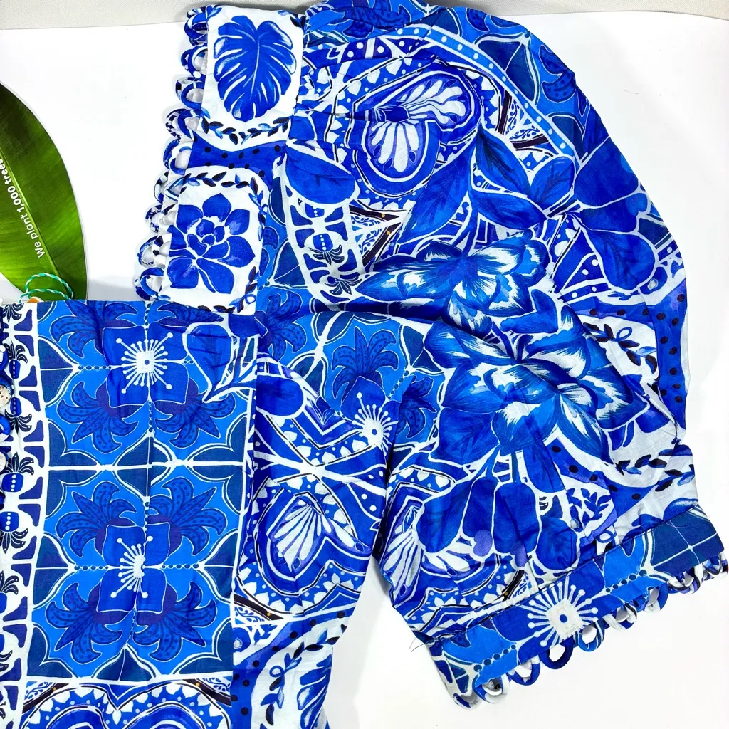 FARM Rio Tile Dream Cotton Puff Sleeve Peplum Top Blouse Blue White Large NWT - Image 9