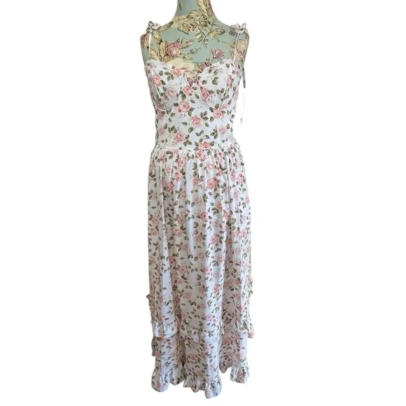 West of Melrose Floral‎ Print Maxi Dress Tiered Ruffle Milkmaid Cottage Sz M White Size M - Image 13