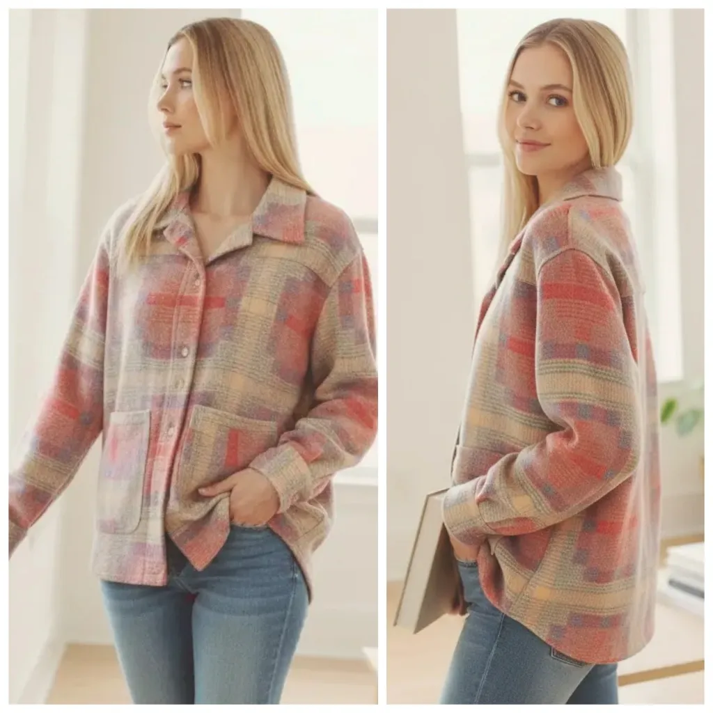 Free People We The Free Keep It Cozy Jacquard Shirt Jacket Red Combo Large  F362 - Image 2