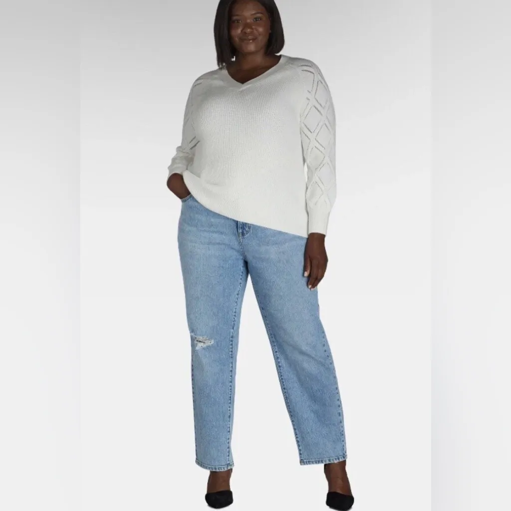 TERRA & SKY Womens Plus V-Neck Ivory  Pointelle Knit Sweater Size 0X 14W New - Image 5