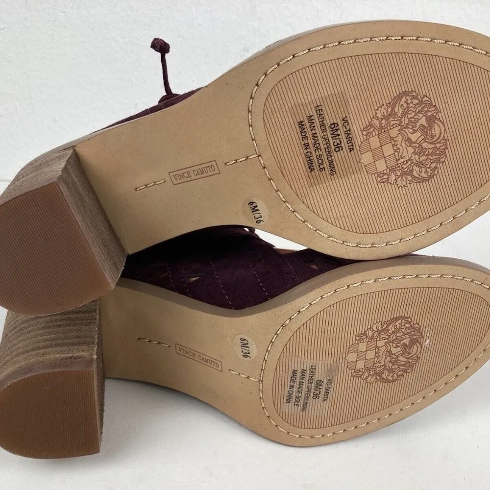 Vince Camuto Tarita Cut Out Lace Up Burgundy Suede Open Toe Heeled Bootie Size 6 - Image 11