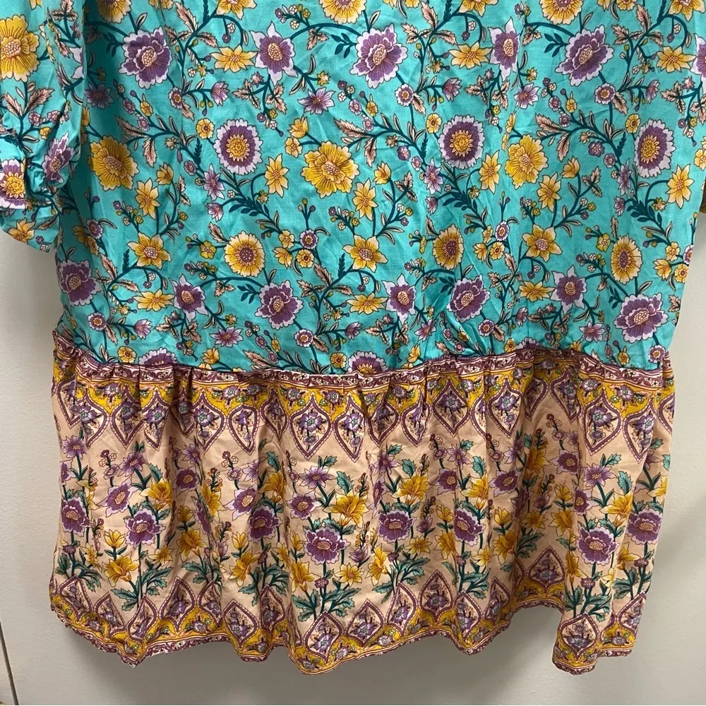 R. Vivemos turquoise yellow w four buttons size large tunic style flowy top Blue - Image 7