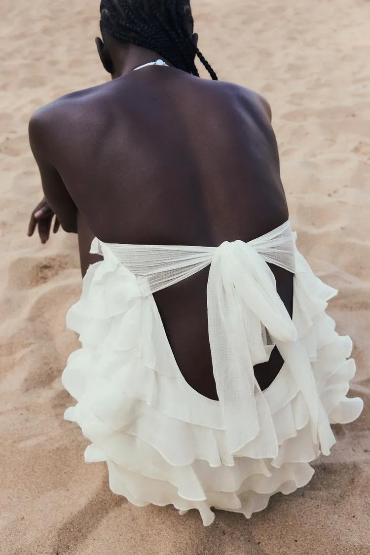 Zara ivory ecru mini dress halter ruffle Bohemian summer vacation evening casual - Image 9