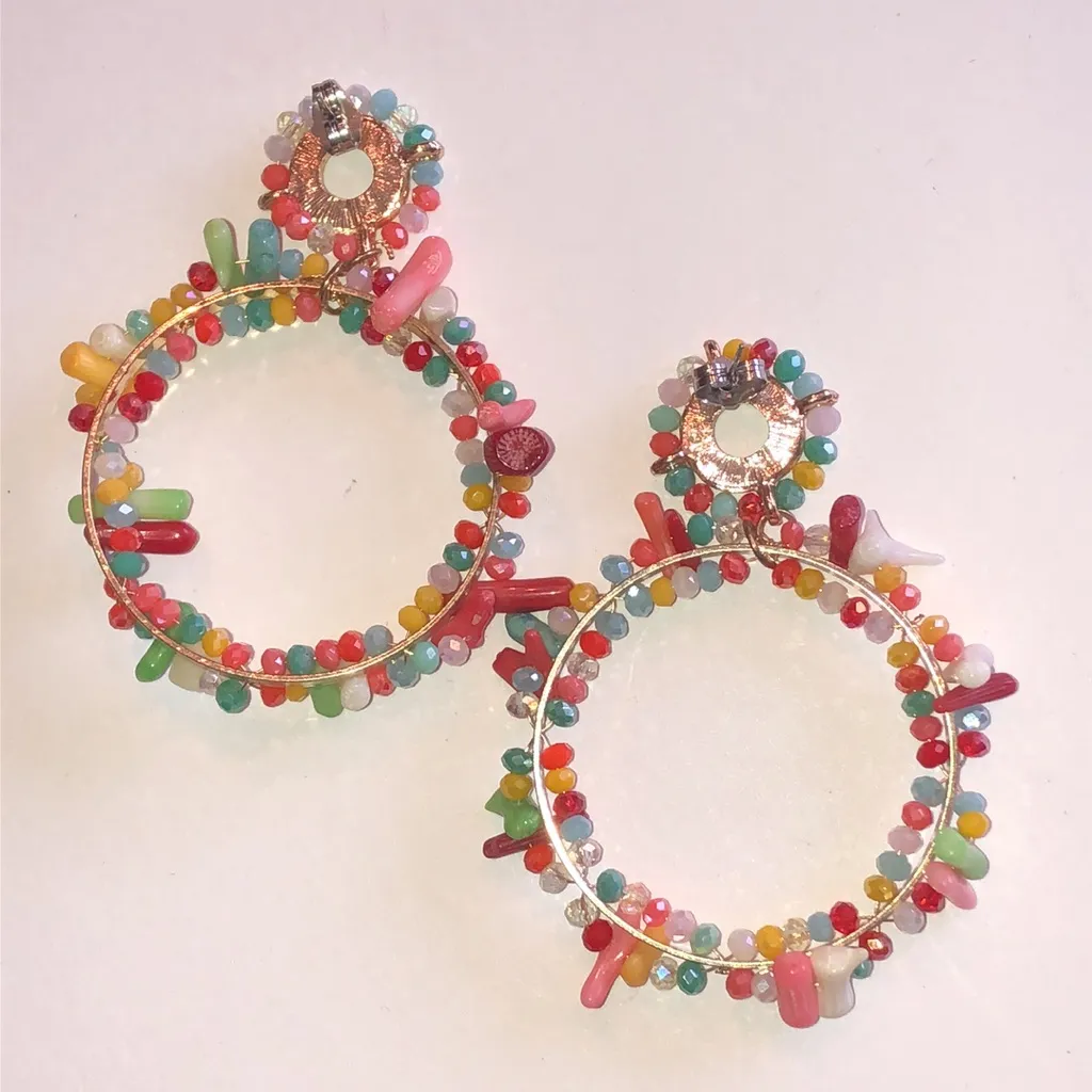 Huge Colorful Beaded Boho Retro Hoop Earrings Red - Image 4