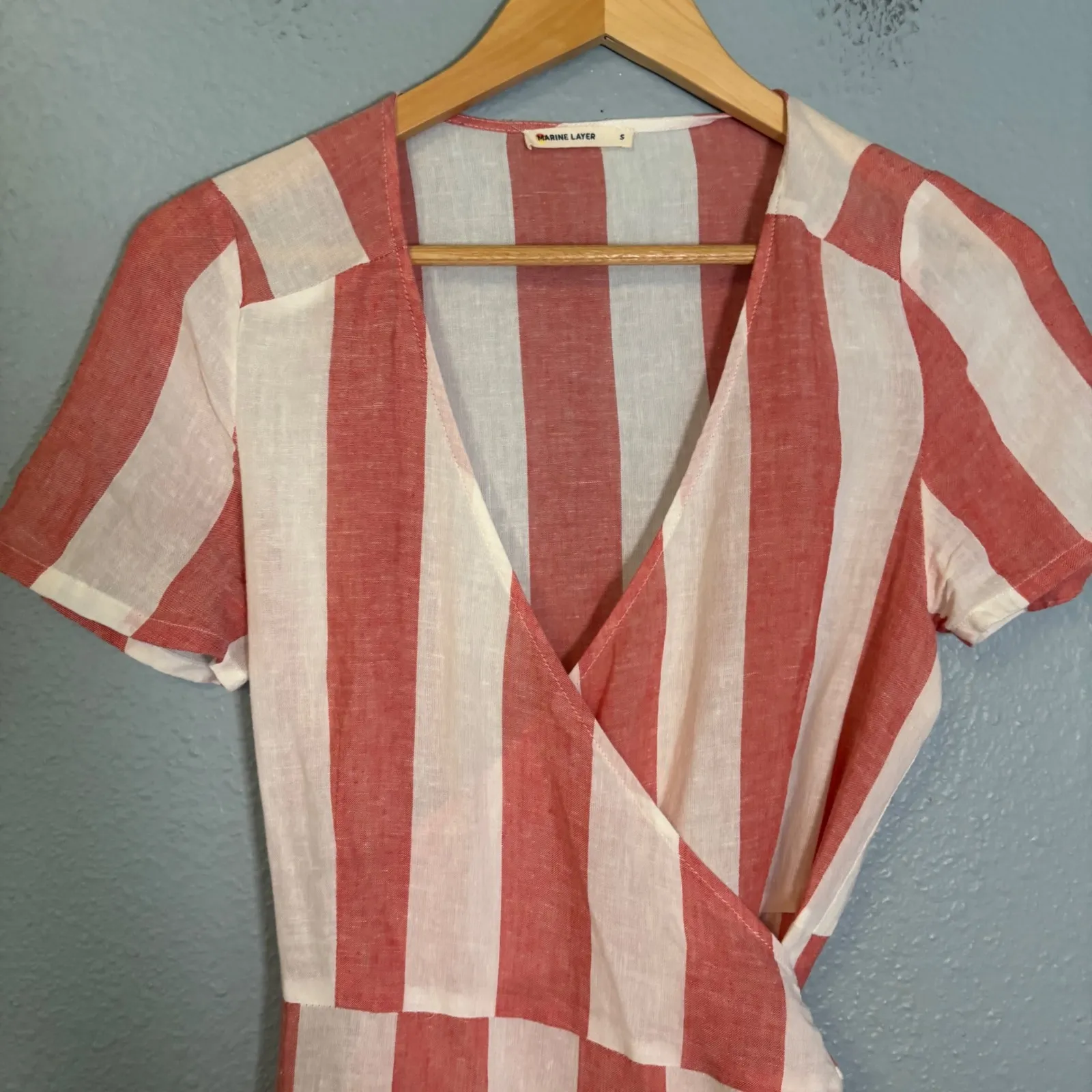 Marine Layer Womens Frances Wrap Mini Dress Red White Stripe‎ Size Small Linen - Image 5