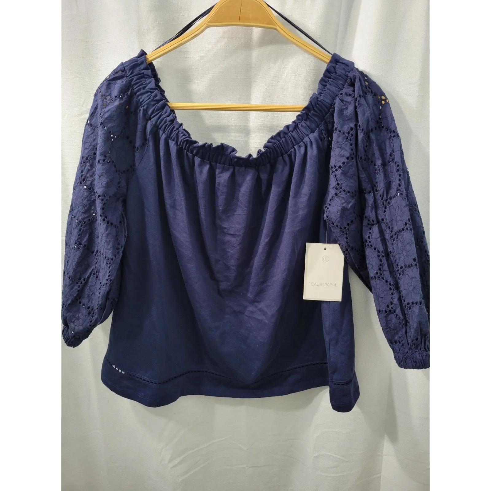 Calligraphy Blouse Women's Eyelet Lace Ballon Sleeve Size M Blue Size M - Image 3