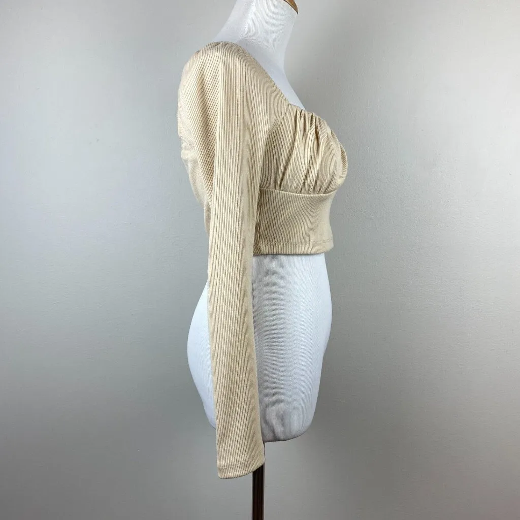 Princess Polly Crop Top 6‎ Beige Ribbed Knit Sweetheart Ruched Long Sleeve - Image 4