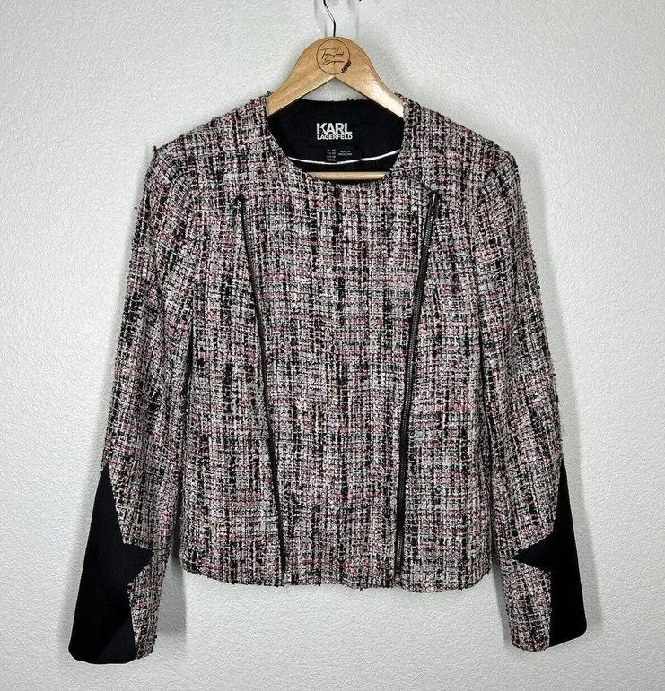 Karl Lagerfeld Womens Tweed Double Zip Moto Jacket Blazer IT 44 US Medium - Image 2