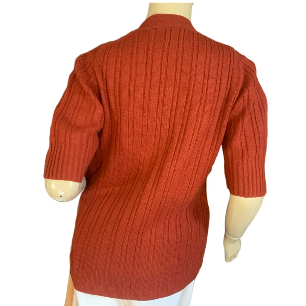 VINTAGE 1970'S BURNT ORANGE GRAND PRIX KNIT "GRANDPA" SHORT SLEEVE CARDIGAN (M) Size M - Image 6