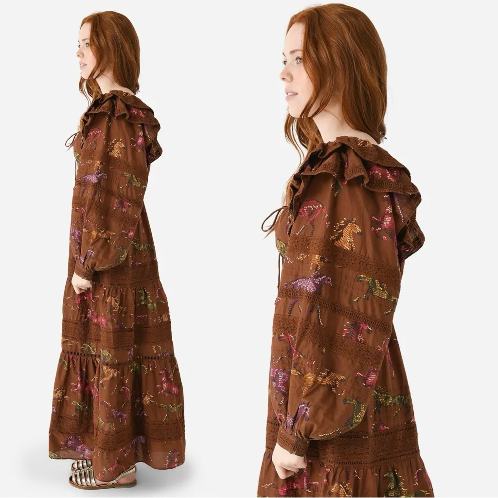Farm Rio Western Bohemian Brown Dotted Horse Horses Ruffle Maxi Dress Size XL - Image 5