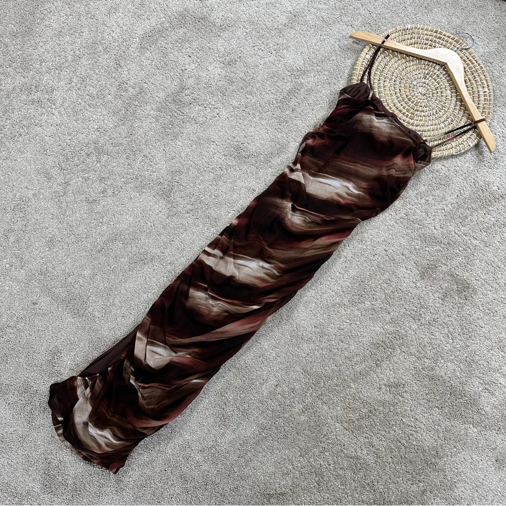 Lovely Day Women’s Ruched Mesh Sleeveless Midi Slit Dress in Brown Tie Dye M - Image 5