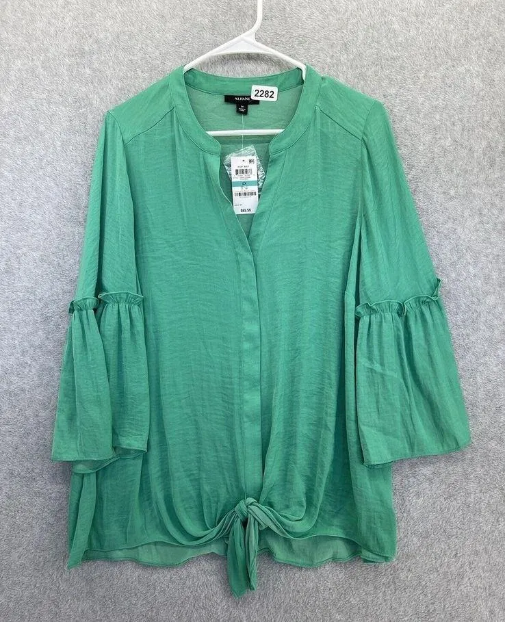 Alfani Women's Blouse Bell Sleeve Tie Front VNeck Plus Size 0X Green - Image 10