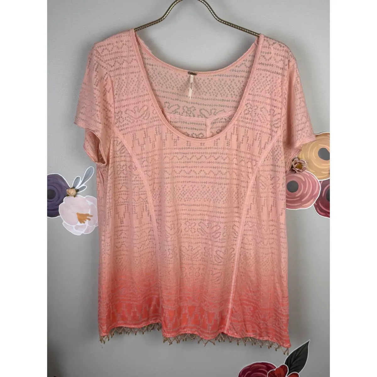 Free People Coral Ombre Burnout Beaded Hem Scoop Neck Top - Size - Large - Image 6