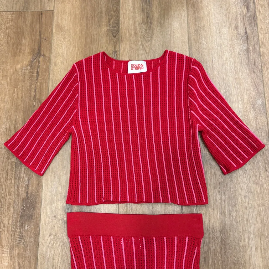 🌟SOLD & STRIPED🌟 STRIPED RIBBED POINTELLE KNIT TOP & SKIRT SET RED / PINK SZ S - Image 3