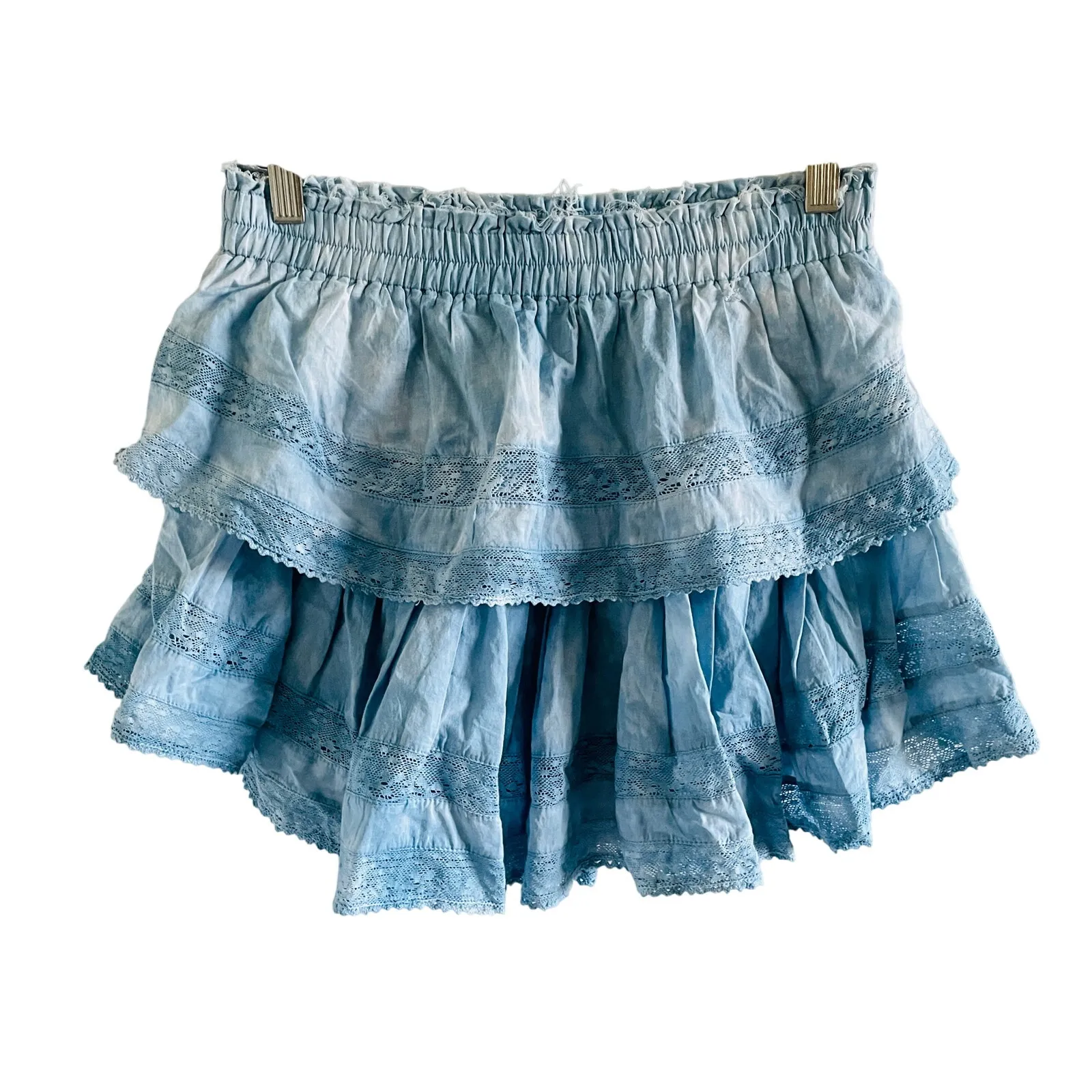 LoveShackFancy Blue Ruffle Mini Skirt – Tiered Lace Trim – Coquette Cottagecore - Image 3