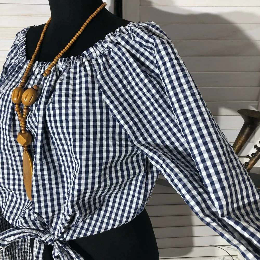 NWOT Santuary Claire Two-Way Top Tie-Front Gingham Print White Navy Blue sz M - Image 8