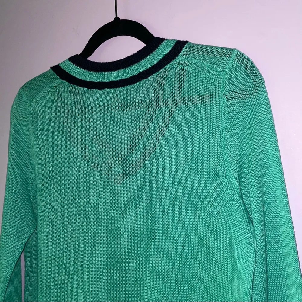 Talbots Size MP Linen Knit Green V-Neck Sweater with Navy Trim Academia Preppy - Image 8
