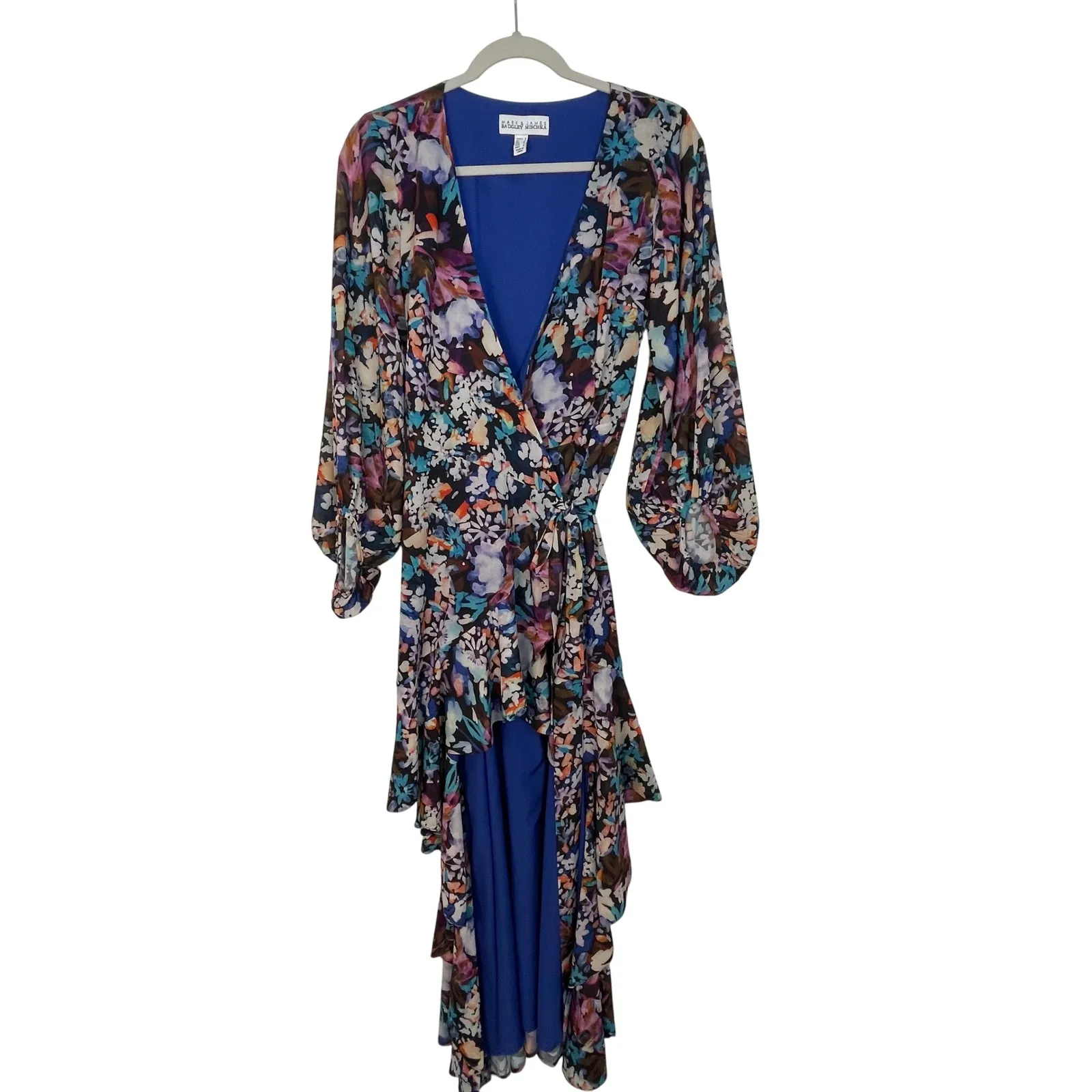 Mark & James Badgley Mischka Multicolor Floral Wrap Hi Low Ruffle Dress Size 0 Blue - Image 2