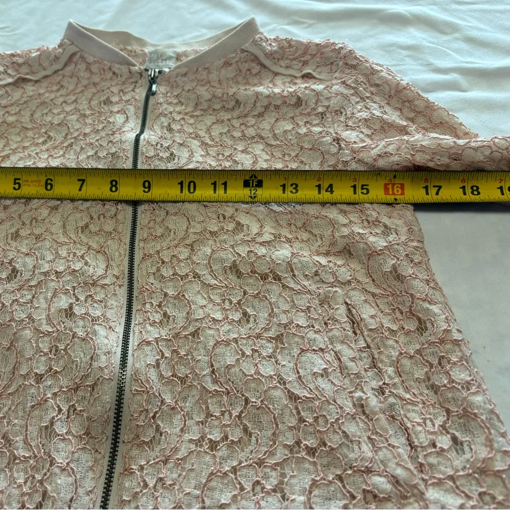 Lauren Conrad LC Light Blush Pink Floral Lace Zip‎ Up Bomber Jacket Lined Size 4 - Image 6