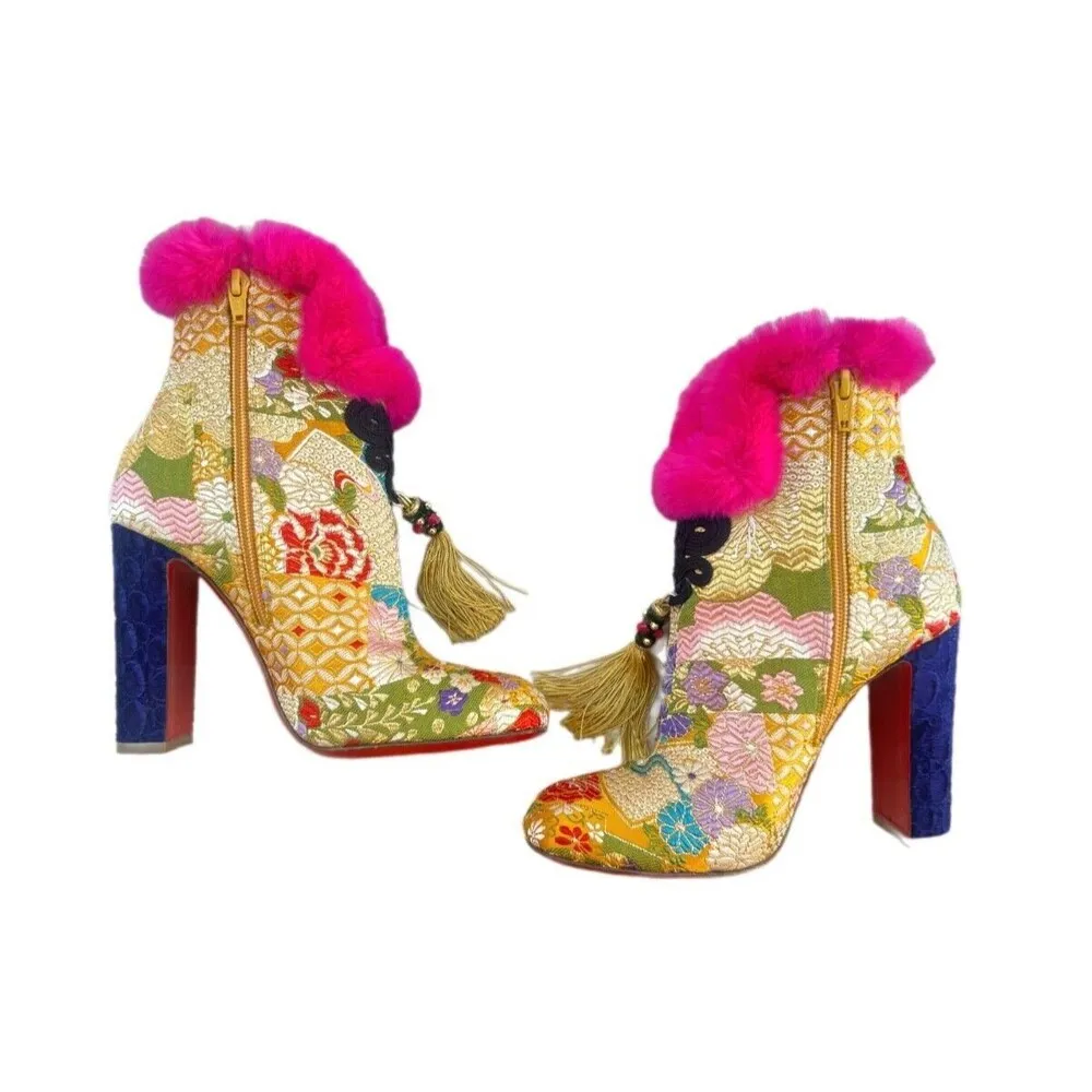 Christian Louboutin May Wong 100 Floral & Rabbit Fur Block Heel Booties - Image 6