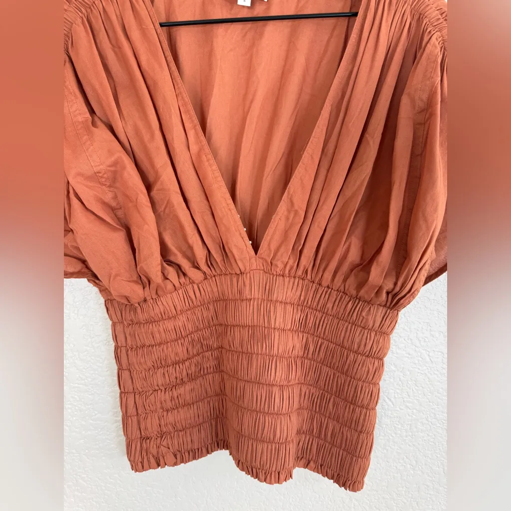 A.L.C. Luna Shirred V Neck Cotton Top in Armagnal Dusty Coral size 0 $295 - Image 9