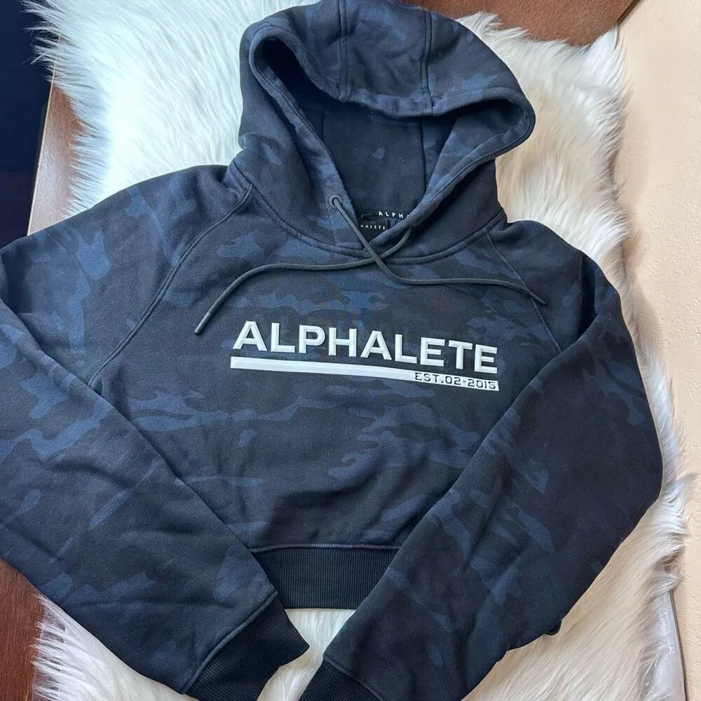 Alphalete Blue & Black Logo Camo Cropped Hoodie Sweatshirt Size Small - Image 11